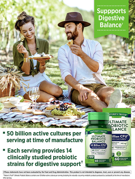 Probiotic 50 Billion CFU | 200mg Prebiotics | 60 Capsules | Vegetarian, Non GMO & Gluten Free Supplement for Men and Women | Supports Digestive Balance | by Nature's Truth