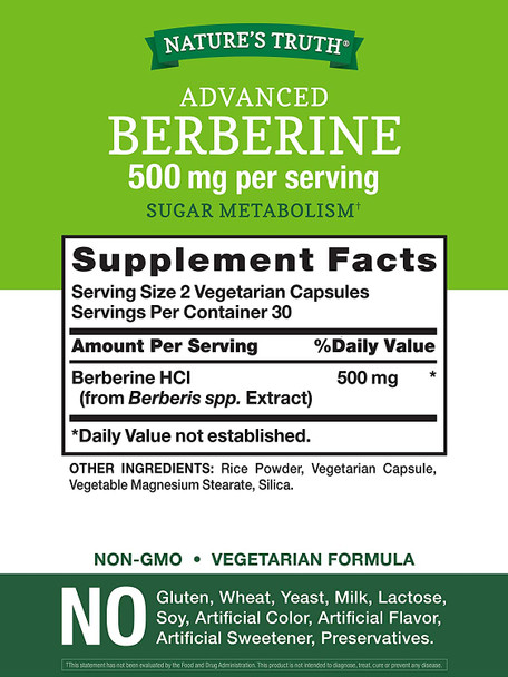Nature's Truth Berberine 500mg | 60 Capsules | Vegetarian, Non-GMO, & Gluten Free Supplement