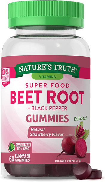 Beet Root Gummies | 60 Count | Vegan, Non-GMO & Gluten Free | Super Food Supplement | with Black Pepper | Natural Strawberry Flavor | by Nature's Truth