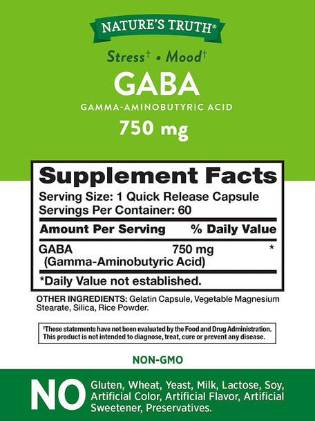 GABA 750 mg | 60 Capsules | Gamma Aminobutyric Acid Supplement | Non-GMO, Gluten  | by Nature's Truth