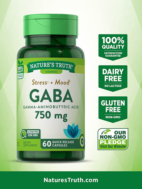 GABA 750 mg | 60 Capsules | Gamma Aminobutyric Acid Supplement | Non-GMO, Gluten Free | by Nature's Truth