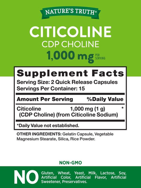 Citicoline 1000mg | 30 Capsules | CDP Choline | Non-GMO & Gluten Free Supplement | by Natures Truth