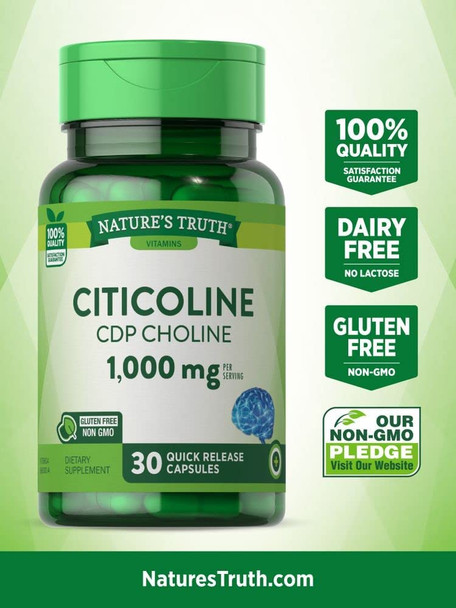 Citicoline 1000mg | 30 Capsules | CDP Choline | Non-GMO & Gluten Free Supplement | by Natures Truth