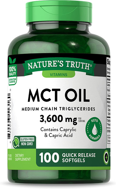 Nature's Truth MCT Oil Capsules | 100 Softgels | Keto Friendly Coconut Oil Pills | Non-GMO, Gluten Free