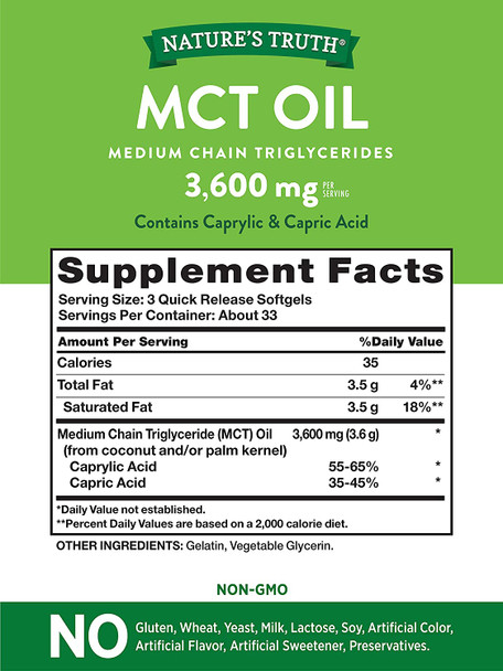Nature's Truth MCT Oil Capsules | 100 Softgels | Keto Friendly Coconut Oil Pills | Non-GMO, Gluten Free