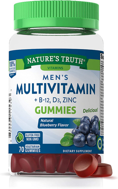 Mens Multivitamin Gummy | 70 Count | Vegetarian, Non-GMO, Gluten Free | with B12, D3, Zinc | Blueberry Flavor | by Nature's Truth