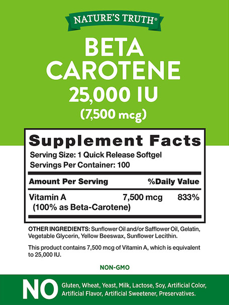 Nature's Truth BetaCarotene 25000 Iu Vitamin A Softgels, 100 Count