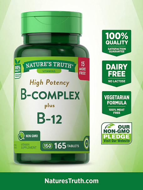Vitamin B Complex | Plus B12 | 165 Tablets | Vegetarian, Non-GMO & Gluten Free | by Nature's Truth