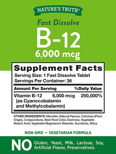 Nature'S Truth B12 Vitamin 6000 Mcg | 36 Tablets | Fast Dissolve Natural Berry Flavor | Vegetarian, Non-Gmo & Gluten Free