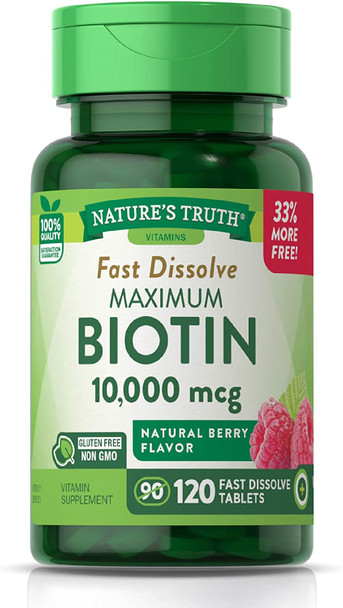 Biotin 10000mcg | 120 Fast Dissolve Tablets | Maximum Strength | Hair Skin and Nails Supplement | Natural Berry Flavor | Vegetarian, Non-GMO, Gluten Free | by Nature's Truth