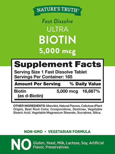 Ultra Biotin 5000mcg | 165 Fast Dissolve Tablets | Hair Skin and Nails Supplement | Natural Berry Flavor | Vegetarian, Non-GMO, Gluten Free | by Nature's Truth