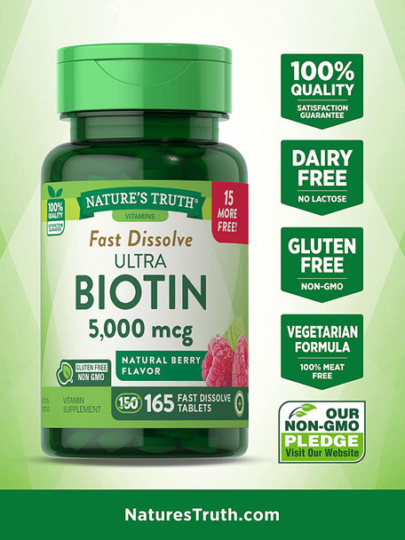 Ultra Biotin 5000mcg | 165 Fast Dissolve Tablets | Hair Skin and Nails Supplement | Natural Berry Flavor | Vegetarian, Non-GMO, Gluten Free | by Nature's Truth
