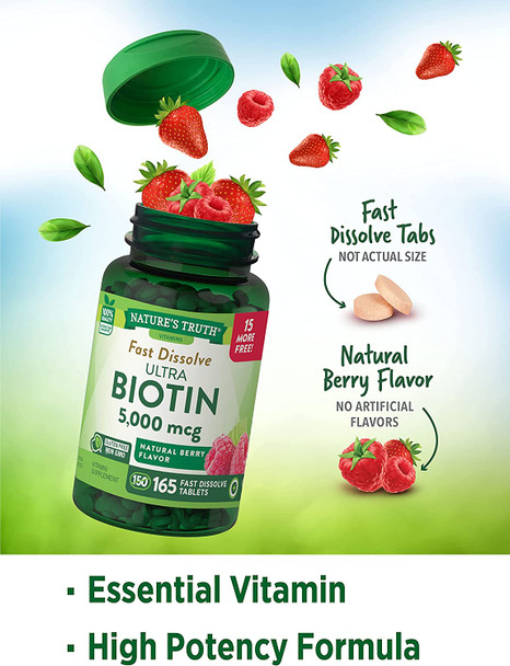 Ultra Biotin 5000mcg | 165 Fast Dissolve Tablets | Hair Skin and Nails Supplement | Natural Berry Flavor | Vegetarian, Non-GMO, Gluten Free | by Nature's Truth
