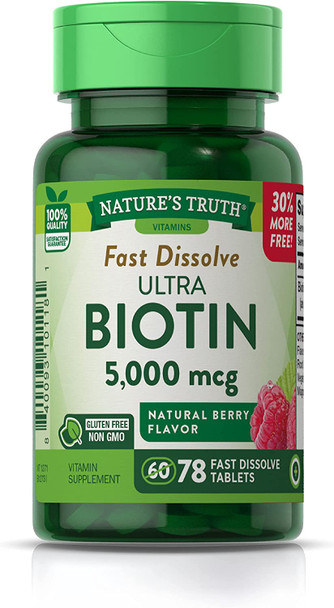Ultra Biotin 5000mcg | 78 Fast Dissolve Tablets | Hair Skin and Nails Supplement | Natural Berry Flavor | Vegetarian, Non-GMO, Gluten Free | by Nature's Truth