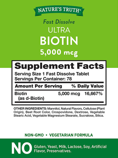 Ultra Biotin 5000mcg | 78 Fast Dissolve Tablets | Hair Skin and Nails Supplement | Natural Berry Flavor | Vegetarian, Non-GMO, Gluten Free | by Nature's Truth