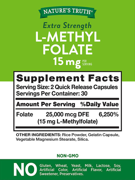 L Methylfolate 15mg | 60 Capsules | Non-GMO & Gluten Free Supplement | Extra Strength | by Natures Truth