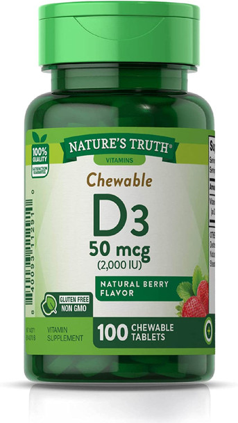 Chewable Vitamin D3 2,000 IU | 100 Tablets | Berry Flavor | Vegetarian, Non-GMO, Gluten Free | by Nature's Truth