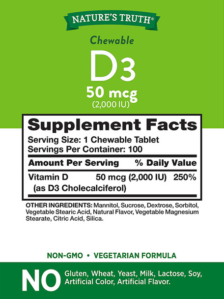 Chewable Vitamin D3 2,000 IU | 100 Tablets | Berry Flavor | Vegetarian, Non-GMO, Gluten Free | by Nature's Truth