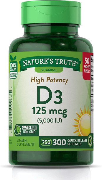 Nature's Truth Vitamin D 5000 250 + 50 Softgels, 300 Count