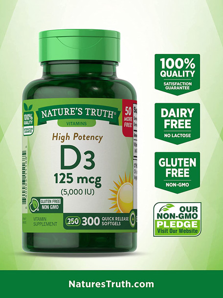 Nature's Truth Vitamin D 5000 250 + 50 Softgels, 300 Count