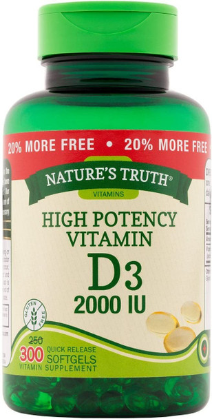 Nature's Truth High Potency Vitamin D3 2000 IU Quick Release Softgels - 300 ct, Pack of 2