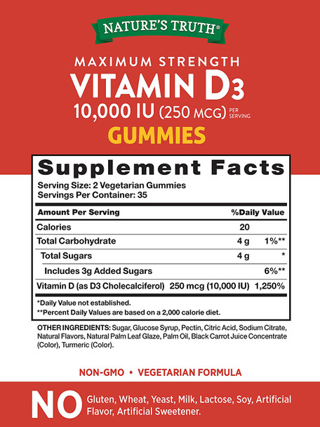 Vitamin D3 Gummies | 10000 IU | 70 Count | Vegetarian, Non-GMO & Gluten Free Supplement | Natural Peach Mango Flavor | by Nature's Truth
