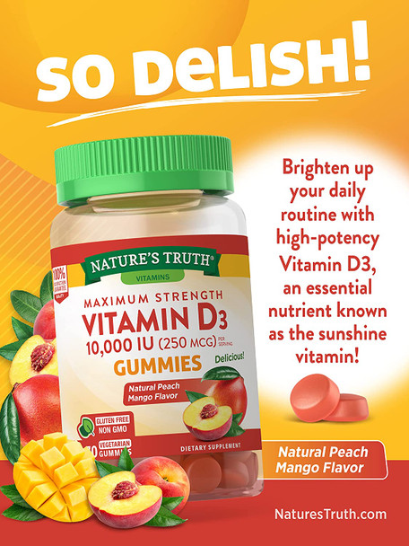 Vitamin D3 Gummies | 10000 IU | 70 Count | Vegetarian, Non-GMO & Gluten  Supplement | Natural Peach Mango Flavor | by Nature's Truth