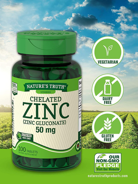 Nature's Truth Chelated Zinc 50mg | 100 Tablets | Essential Mineral Supplement | from Zinc Gluconate | Vegetarian, Non-GMO, Gluten Nature's Truth Chelated Zinc 50mg | 100 Tablets | Essential Mineral Supplement | from Zinc Gluconate | Vegetarian, Non-GMO, Gluten