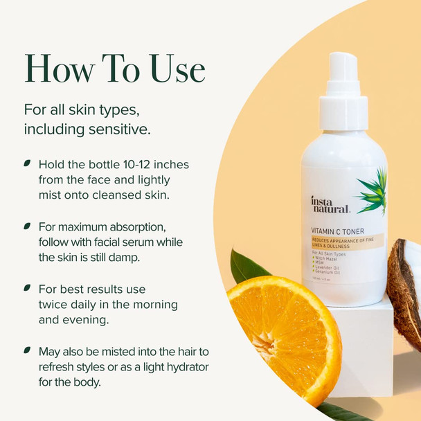 InstaNatural Vitamin C Toner, Facial Toner with Witch Hazel for Brightening, Hydrating and Anti Aging, Face Primer for Serum & Moisturizer