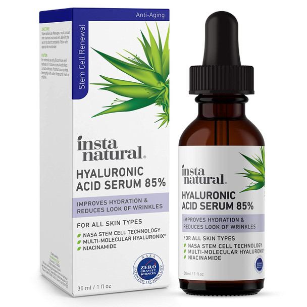 Hyaluronic Acid 85% Face Serum - Natural Anti-Aging Formula for Fine Lines & Wrinkles to Hydrate, Moisturize & Plump Dull, Dry Skin - With Niacinamide & NASA Stem Cell Technology - InstaNatural - 1 oz