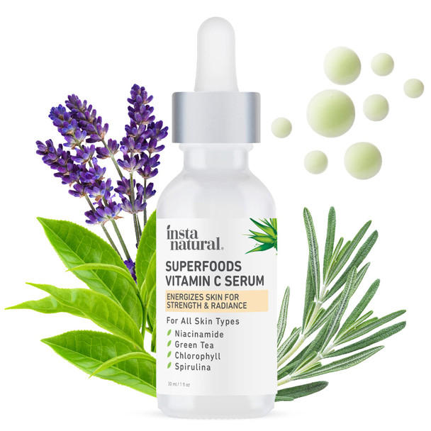 Superfood Vitamin C Face Serum - Anti Aging & Brightening Skin Care for Glowing Skin & Discoloration - Line & Wrinkle Reducer Facial Treatment - With Hyaluronic Acid, Niacinamide & Green Tea - 1 oz