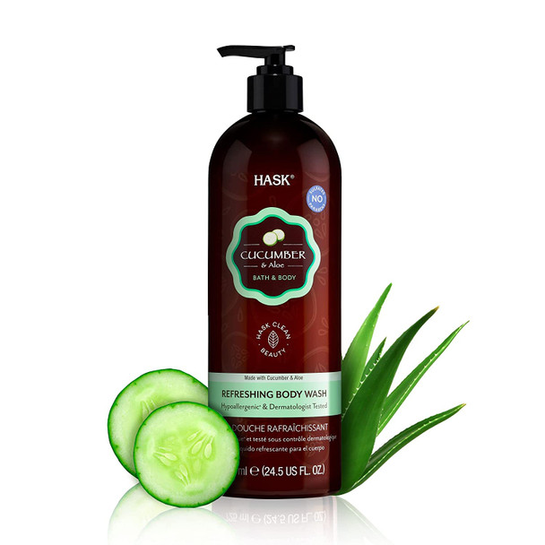 HASK CUCUMBER + ALOE Body Wash- Refreshing, vegan formula, hypoallergenic, dermatologist tested, pH balanced- 24.5 oz Bottle