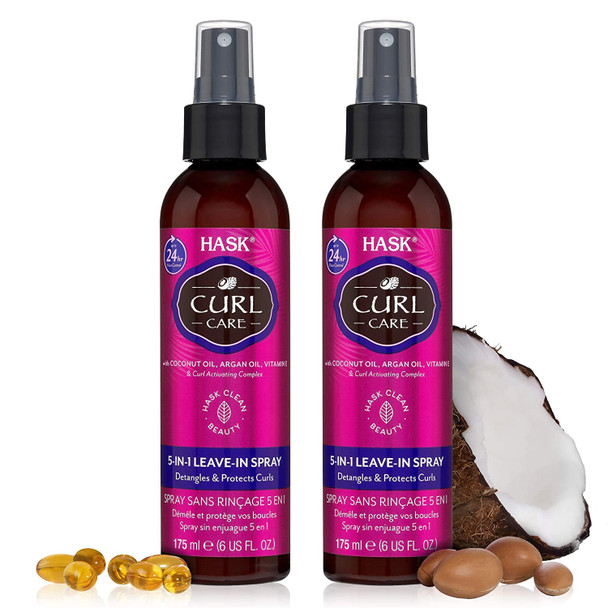 HASK Curl Care 5-in-1 Leave-In Conditioner and Curl Care Shampoo and Conditioner Set: Includes 2 5-in-1 Leave-In Conditioner Sprays and 1 Coconut and Argan Oil Curl Care Shampoo + Conditioner Set