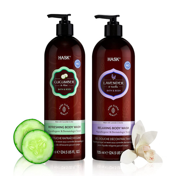 HASK Cucumber + Aloe and Lavender + Vanilla Body Wash Set: Includes 1 Cucumber and Aloe Body Wash and 1 Lavender + Vanilla Body Wash