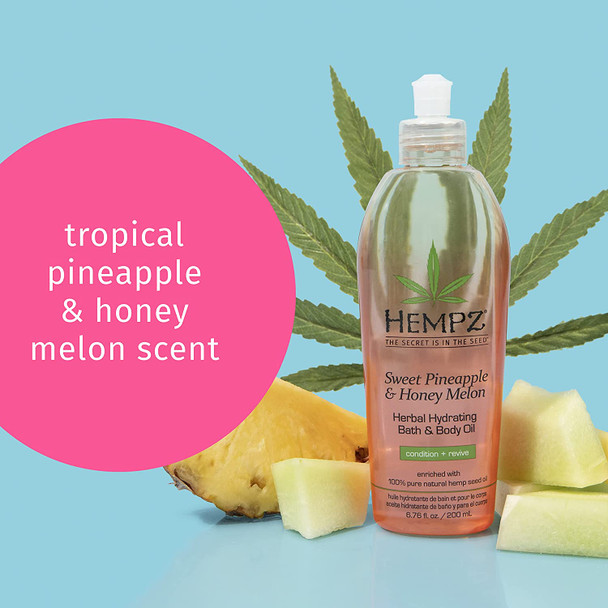 Hempz Hydrating Bath and Body Oil for Women, Sweet Pineapple & Honey Melon - Conditioning Body Moisturizer with Natural Hemp Seed Oil - Premium Body Oils, 6.76 fl. oz