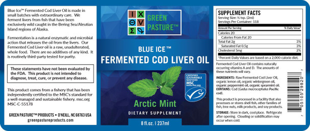 Green Pasture Blue Ice Fermented Cod Liver Oil Liquid, Arctic Mint 237ml - DISCONTINU