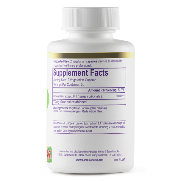 Paradise Herbs Lemon Balm 60 Vegetarian Capsul