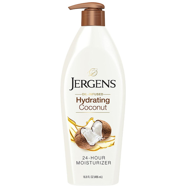 Jergens Hydrating Coconut Body Moisturizer, Infused with Coconut Oil and Water for Long-Lasting Moisture, Hydrates Dry Skin Instantly, 16.8 FL OZ, Dermatologist Tested (Packaging May Vary)