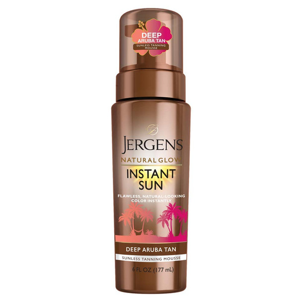 Jergens Natural Glow Instant Sun Body Mousse, Dark Self Tanner for Deep Aruba Tan, Sunless Tanning Body Bronzer, Natural-looking Fake Tan, 6 Ounce