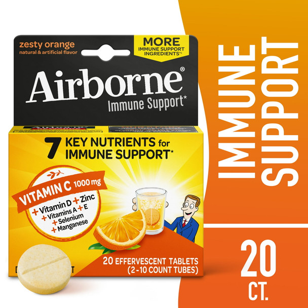 Airborne Zesty Orange Effervescent Tablets, 20 Count - 1000Mg Of Vitamin C - Immune Support Supplement