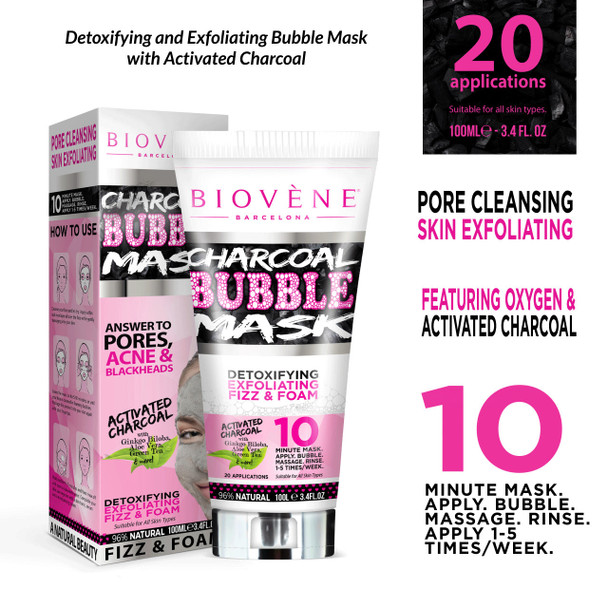 Biovene Charcoal Bubble Mask, 3.4 oz Tube, Carbonated Mask to Purify Face, Revitalize,Boost Firmness and Clarity, Detox and Exfoliate with Charcoal Bubbles