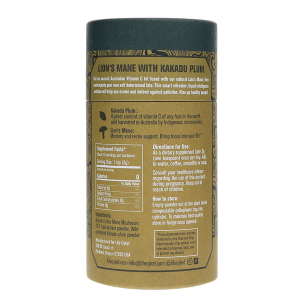 Life Cykel 100% Natural Lions Mane Mushroom with Australian Wild Harvested Kakadu Plum