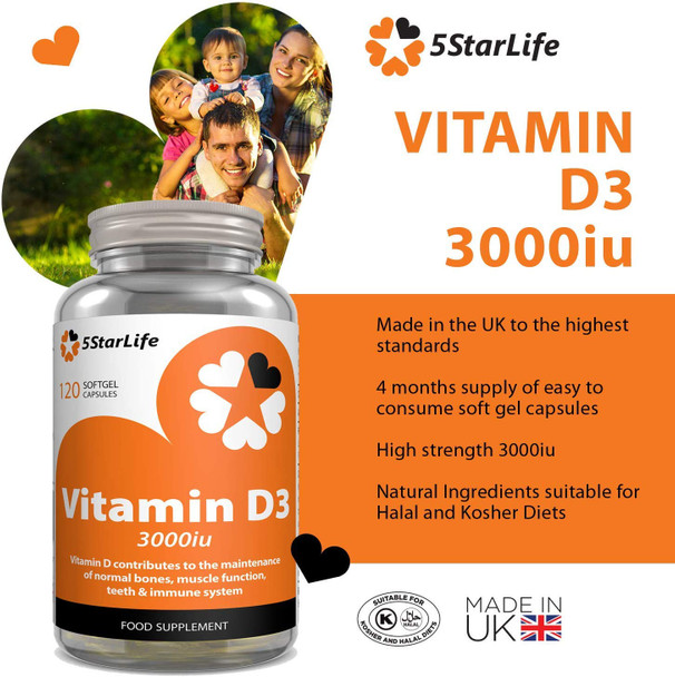 5StarLife Vitamin D3 3000iu, 120 Softgel Capsules, Daily VIT D3, 4 Months Supply