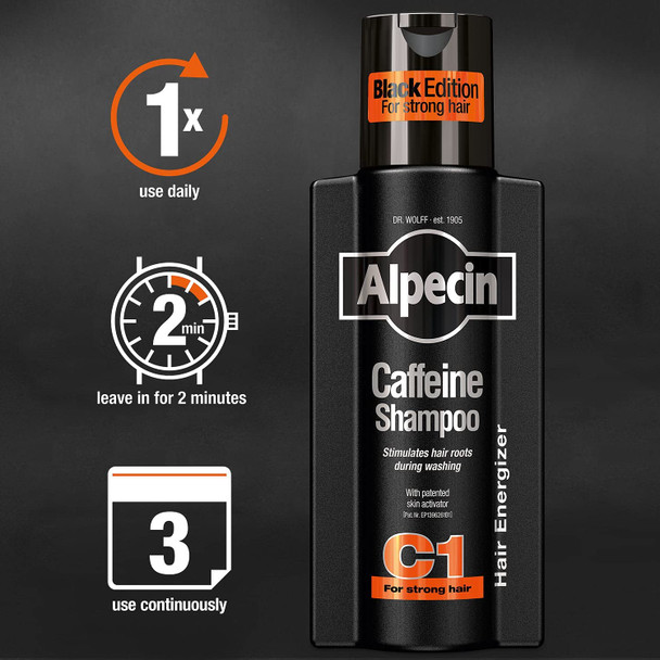 Alpecin Black Mens Shampoo with new Fragrance 2x 250ml | Hair Growth Shampoo | Men Shampoo for Natural Strong Hair | Hair Care for Men Made in Germany