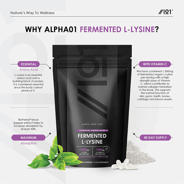 Fermented L-Lysine 1500mg with BioPerineA® - Made with Vitamin C - High Strength - Raw, Halal, 120 Vegan Capsules