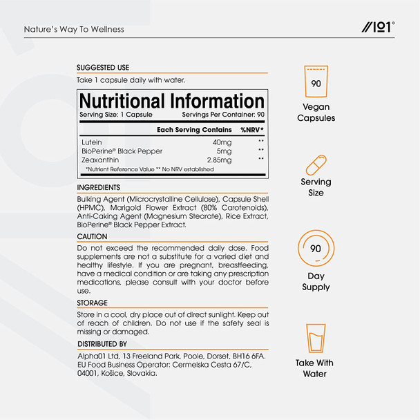 Lutein & Zeaxanthin with BioPerineA® - Natural Carotenoids from Marigold Extract - 40mg Lutein 2.85mg Zeaxanthin - Non GMO, Halal - 90 Vegan Capsules