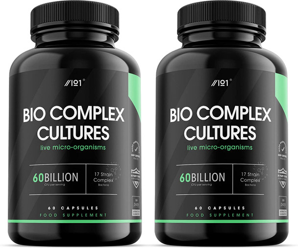 BioCultures Complex - 17 Live Strains with 60 Billion CFU Probiotics - for Gut Health & Digestive System - Lactobacillus Acidophilus & Bifidobacterium - 60 Capsules (2 Pack)