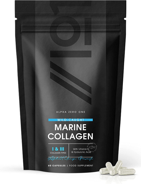 Marine Collagen 1000mg | 60 High Strength Capsules - Wild-Caught Type 1 Hydrolysed Marine Collagen Made with Vitamin C, E, B2, Zinc, Copper, Iodine & Hyaluronic Acid, by Alpha01A®