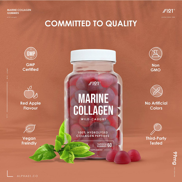 Marine Collagen Gummies - Wild-Caught Marine - Made with Organic Tapioca - High Potency Hydrolysed Marine Collagen Gummies - Type 1 Hydrolysed Collagen - Strawberry Flavour - 60 Gummies.