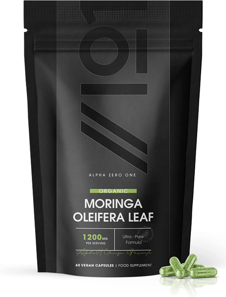 Organic Moringa 1200mg | Raw Moringa Oleifera Leaf | Rich in Vitamins, Antioxidants & Amino Acid | Non-GMO, Gluten Free | 60 Vegan Capsules